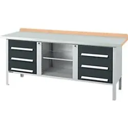 Kastenwerkbank Schäfer Shop Select PW 200-2, Buche Multiplexplatte, mit Stahlabdeckung, bis 750 kg, B 2000 x T 700 x H 840 mm, Anthrazit