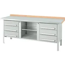 Kastenwerkbank Schäfer Shop Select PW 200-2, Buche Multiplexplatte, mit Stahlabdeckung, bis 750 kg, B 2000 x T 700 x H 840 mm, Lichtgrau