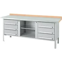 Kastenwerkbank Schäfer Shop Select PW 200-2, Buche Multiplexplatte, mit Stahlabdeckung, bis 750 kg, B 2000 x T 700 x H 840 mm, Weissaluminium