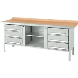 Kastenwerkbank Schäfer Shop Select PW 200-2, Buche Multiplexplatte, mit Stahlkante, bis 750 kg, B 2000 x T 700 x H 840 mm, Lichtgrau