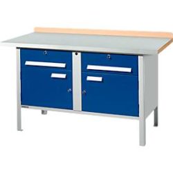 Kastenwerkbank Schäfer Shop Select PWi 150-0, Buche Multiplexplatte, mit Stahlabdeckung, bis 750 kg, B 1500 x T 700 x H 840 mm, Enzianblau