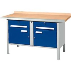 Kastenwerkbank Schäfer Shop Select PWi 150-0, Buche Multiplexplatte, mit Stahlkante, bis 750 kg, B 1500 x T 700 x H 840 mm, Enzianblau