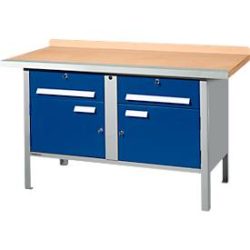 Kastenwerkbank Schäfer Shop Select PWi 150-0, Buche Multiplexplatte, mit Stahlkante, bis 750 kg, B 1500 x T 700 x H 840 mm, Enzianblau