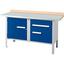 Kastenwerkbank Schäfer Shop Select PWi 150-3, Buche Multiplexplatte, mit Stahlabdeckung, bis 750 kg, B 1500 x T 700 x H 840 mm, Enzianblau