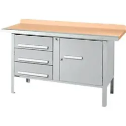 Kastenwerkbank Schäfer Shop Select PWi 150-4, Buche Multiplexplatte, mit Stahlkante, bis 750 kg, B 1500 x T 700 x H 840 mm, Weissaluminium