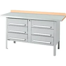 Kastenwerkbank Schäfer Shop Select PWi 150-6, Buche Multiplexplatte, mit Stahlabdeckung, bis 750 kg, B 1500 x T 700 x H 840 mm, Weissaluminium