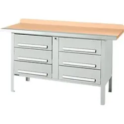 Kastenwerkbank Schäfer Shop Select PWi 150-6, Buche Multiplexplatte, mit Stahlkante, bis 750 kg, B 1500 x T 700 x H 840 mm, Lichtgrau