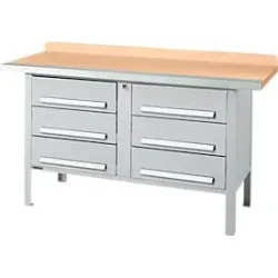 Kastenwerkbank Schäfer Shop Select PWi 150-6, Buche Multiplexplatte, mit Stahlkante, bis 750 kg, B 1500 x T 700 x H 840 mm, Weissaluminium