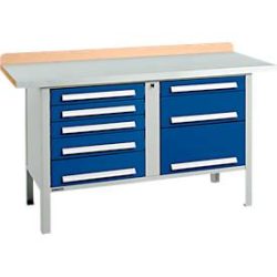 Kastenwerkbank Schäfer Shop Select PWi 150-8, Buche Multiplexplatte, mit Stahlabdeckung, bis 750 kg, B 1500 x T 700 x H 840 mm, Enzianblau