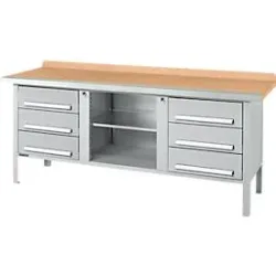 Kastenwerkbank Schäfer Shop Select PWi 200-2, Buche Multiplexplatte, mit Stahlkante, bis 750 kg, B 2000 x T 700 x H 840 mm, Weissaluminium