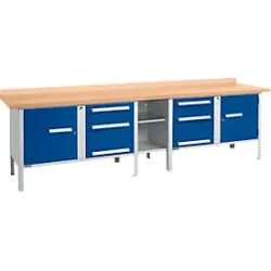 Kastenwerkbank Schäfer Shop Select PWi 300-2, Buche Multiplexplatte, bis 750 kg, B 3000 x T 700 x H 840 mm, Enzianblau