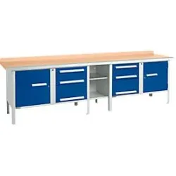 Kastenwerkbank Schäfer Shop Select PWi 300-2, Buche Multiplexplatte, mit Stahlkante, bis 750 kg, B 3000 x T 700 x H 840 mm, Enzianblau