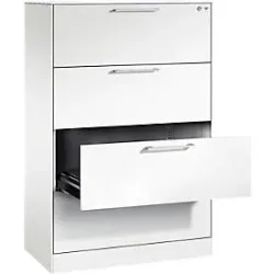 Karteikartenschrank, 2-bahnig DIN A4 quer, 4 Schübe mit Vollauszug & Bügelgriffen, Zentralverschluss, B 800 x T 435 x H 1298 mm, weiss/weiss