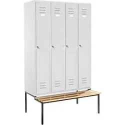 Kleiderspind, 4 Abteile, Sitzbank, Zylinderschloss, 102 kg, lichtgrau