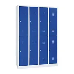 Kleiderspind, 4 Abteile übereinander, B 1170 x H 1950 mm, Zylinderschloss, lichtgrau/enzianblau