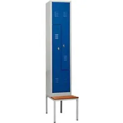 Kleiderspind, 2 Abteile, mit Sitzbank, 2 Fächer, mit Z-Türen, Drehriegelverschluss, lichtgrau/enzianblau