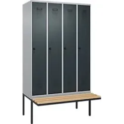 Kleiderspind C+P Evolo Plus, 4 Abteile à 300 mm Breite, schwebende Sitzbank, B 1200 x T 815 x H 2120 mm, Drehriegel, weissaluminium/anthrazit