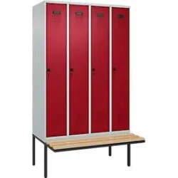 Kleiderspind C+P Evolo Plus, 4 Abteile à 300 mm Breite, schwebende Sitzbank, B 1200 x T 815 x H 2120 mm, Drehriegel, lichtgrau/rubinrot