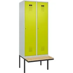 Kleiderspind C+P Evolo Plus, 2 Abteile à 400 mm Breite, schwebende Sitzbank, B 800 x T 815 x H 2120 mm, Zylinder, lichtgrau/clowngrün