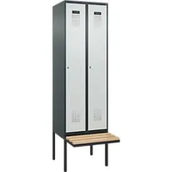 Kleiderspind C+P Evolo Plus, 2 Abteile à 300 mm Breite, schwebende Sitzbank, B 600 x T 815 x H 2120 mm, Zylinder, anthrazitgrau/lichtgrau