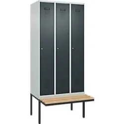 Kleiderspind C+P Evolo Plus, 3 Abteile à 300 mm Breite, schwebende Sitzbank, B 900 x T 815 x H 2120 mm, Zylinder, lichtgrau/anthrazitgrau