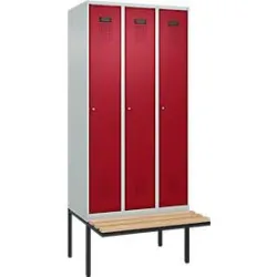Kleiderspind C+P Evolo Plus, 3 Abteile à 300 mm Breite, schwebende Sitzbank, B 900 x T 815 x H 2120 mm, Zylinder, lichtgrau/rubinrot