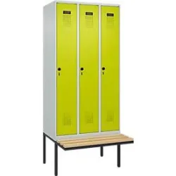 Kleiderspind C+P Evolo Plus, 3 Abteile à 300 mm Breite, schwebende Sitzbank, B 900 x T 815 x H 2120 mm, Drehriegel, lichtgrau/clonwgrün