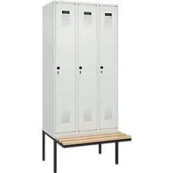 Kleiderspind C+P Evolo Plus, 3 Abteile à 300 mm Breite, schwebende Sitzbank, B 900 x T 815 x H 2120 mm, Drehriegel, lichtgrau/lichtgrau