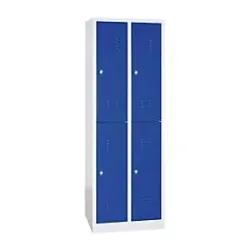 Kleiderspind, doppelstöckig, 2 x 2 Abteile, Drehriegelverschluss, lichtgrau/enzianblau
