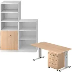 Komplettangebot Schreibtisch/Container/Regalschrank/Regal ULM, weiss/Eiche