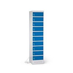 Laptopschrank mit Ladefunktion, 10 Abteile mit Zylinderschloss, CH-Stecker, Stahlblech lichtgrau RAL 7035/enzianblau RAL 5010
