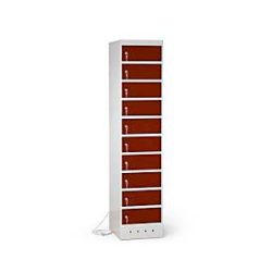 Laptopschrank mit Ladefunktion, 10 Abteile mit Zylinderschloss, CH-Stecker, Stahlblech lichtgrau RAL 7035/mah.braun RAL 8016