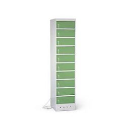 Laptopschrank mit Ladefunktion, 10 Abteile mit Zylinderschloss, CH-Stecker, Stahlblech lichtgrau RAL 7035/resedagrün RAL 6011