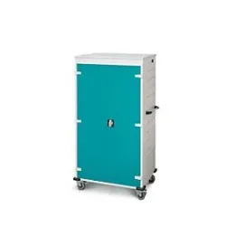 Laptopwagen mit Ladefunktion, 2-Punkt-Verriegelung, CH-Stecker, Feststellbremse, 26 Fächer, B 920 x T 500 x H 1540, türkis