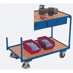 Leichter Tischwagen, Stahl/MDF-Platte, Enzianblau/Buche-Dekor, 2 Etagen, L 985 x B 605 mm, 2 Schubladen, TPE-Rollen mit EasySTOP, bis 250 kg