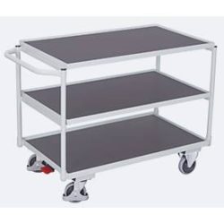 Leichter Tischwagen, Stahl/MDF-Platte, Lichtgrau/Dunkelgrau, 3 Etagen, L 985 x B 605 mm, TPE-Rollen mit EasySTOP, bis 250 kg