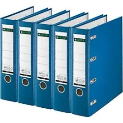 LEITZ® Doppelordner 1012, 2 x A5, Rückenbreite 75 mm, Präzisions-Hebelmechanik, Sichttasche für Rückenschild, Griffloch, Polypropylen, blau, 5 Stück