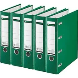 LEITZ® Doppelordner 1012, 2 x A5, Rückenbreite 75 mm, Präzisions-Hebelmechanik, Sichttasche für Rückenschild, Griffloch, Polypropylen, grün, 5 Stück