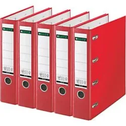 LEITZ® Doppelordner 1012, 2 x A5, Rückenbreite 75 mm, Präzisions-Hebelmechanik, Sichttasche für Rückenschild, Griffloch, Polypropylen, rot, 5 Stück