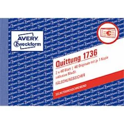 Quittung Avery Zweckform 1736, inkl. MwSt., A6 Querformat, 1 Block mit 2 x 40 Blatt, FSC®-Papier, weiss/gelb