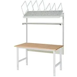 Packtisch komplett, manuell höhenverstellbar, Set 1 mit Etagenbord, BxT 1500 x 1000 mm, Buchenplatte RAU