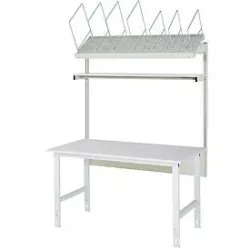 Packtisch komplett, manuell höhenverstellbar, Set 1 mit Etagenbord, BxT 2000 x 1000 mm, Melaminplatte RAU