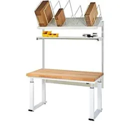 Packtisch komplett 600, elektrisch höhenverstellbar, Set 1 mit Etagenbord, BxT 2000 x 700 mm, Buchenplatte RAU