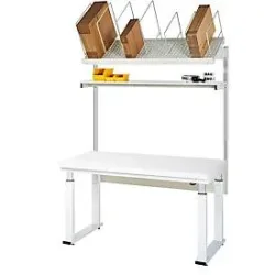 Packtisch komplett 600, elektrisch höhenverstellbar, Set 1 mit Etagenbord, BxT 2000 x 900 mm, Hartlaminatplatte RAU
