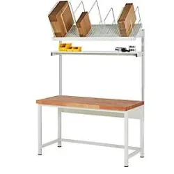 Packtisch komplett, Serie 8000, Set 1 mit Etagenbord, BxT 1500 x 700 mm, Buchenplatte RAU