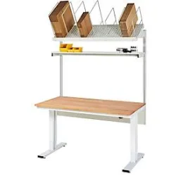 Packtisch komplett 300, elektrisch höhenverstellbar, Set 1 mit Etagenbord, BxT 1500 x 800 mm, Buchenplatte RAU