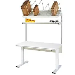 Packtisch komplett 300, elektrisch höhenverstellbar, Set 1 mit Etagenbord, BxT 2000 x 1000 mm, Melaminplatte RAU