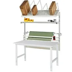 Packtisch komplett, manuell höhenverstellbar, Set 2 mit Etagenbord, Schneidgerät, Abrolleinheit, BxT 1500 x 1000 mm, Melaminplatte RAU