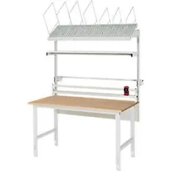 Packtisch komplett, manuell höhenverstellbar, Set 2 mit Etagenbord, Schneidgerät, Abrolleinheit, BxT 2000 x 1000 mm, Buchenplatte RAU