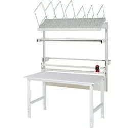 Packtisch komplett, manuell höhenverstellbar, Set 2 mit Etagenbord, Schneidgerät, Abrolleinheit, BxT 2000 x 800 mm, Melaminplatte RAU